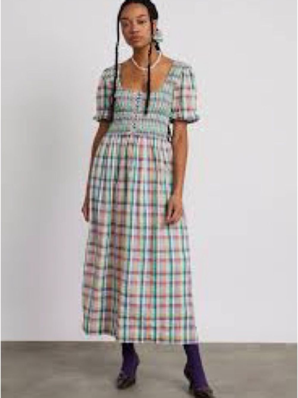 Damson Madder Luna Shirred Smocked Square-Neck Plaid Midi Dress  10UK/ 6US